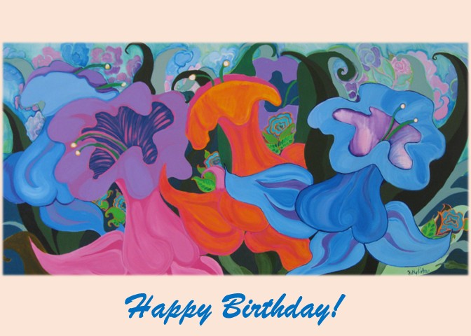 Flying Flowers birthday greeting card by Kathy Poitras featuring vibrant abstract flowers in blue, pink, purple, and orange with ‘Happy Birthday!’ in blue cursive.