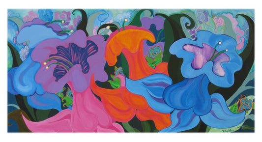 Fine art inkjet print of vibrant abstract floral painting by Kathy Poitras featuring stylized flowers in pink, orange, blue, and purple with swirling green leaves. Print size 13 x 19 inches.