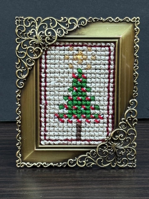 One-of-a-Kind Framed Cross Stitch –Christmas Tree Folk Art (2.5 x 3.5 inches)