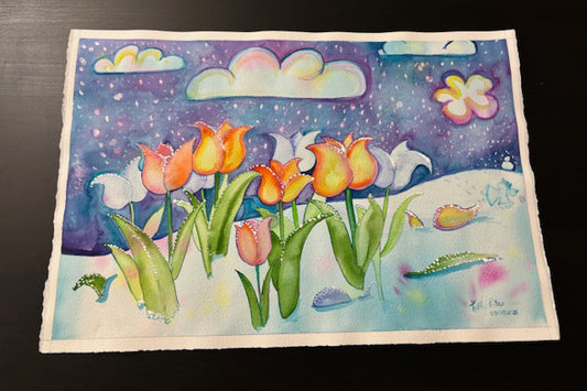 Tulips too Early-Mixed media on paper-– Original Painting & Bamboo Prints-Art Cards