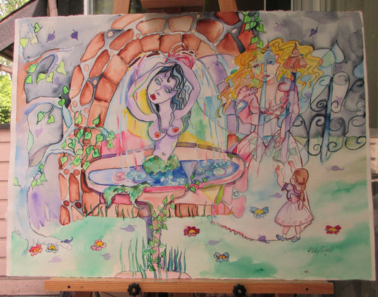 Mermaid in a Fountain.  Watercolor painting on paper by Kathy Poitras