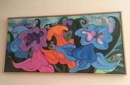 Abstract floral acrylic painting with bold colors and swirling background, titled Moody Flowers by Kathy Poitras.