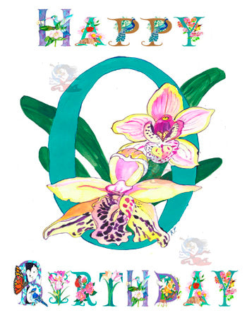 Personalized Birthday Card Letter O featuring Orchids. Each card is handmade from a photographic print of Kathy Poitras' original artwork and is uniquely and lovingly adorned with a subtle touch of glitter by our talented artist, adding sparkle to your loved one's special day.