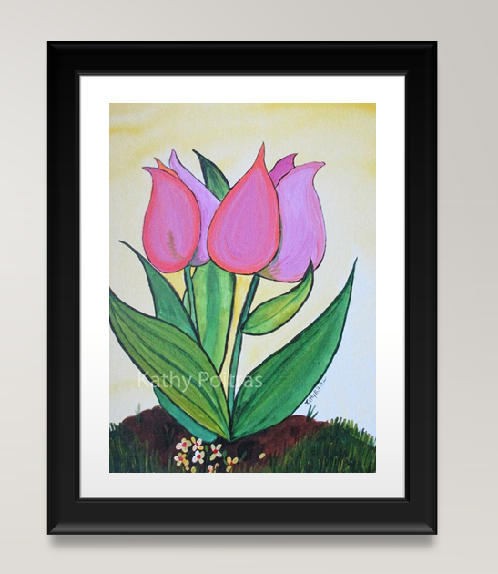 Pink Beauties, folk art painting of two pink tulips. – Original Painting & Bamboo Prints-Art Cards