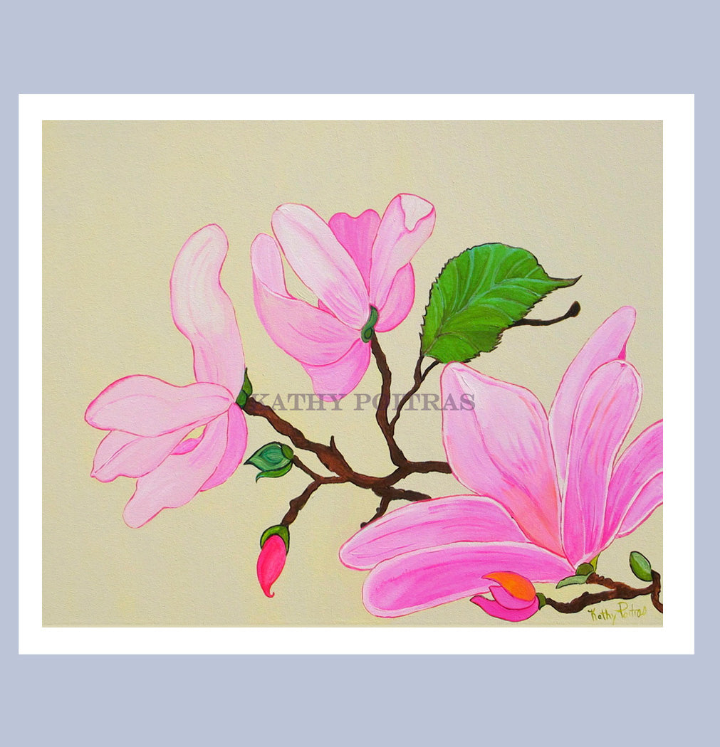 Hand Made XL Display Art Card , signed print  of artist's acrylic painting.  Pink Magnolia Flowers