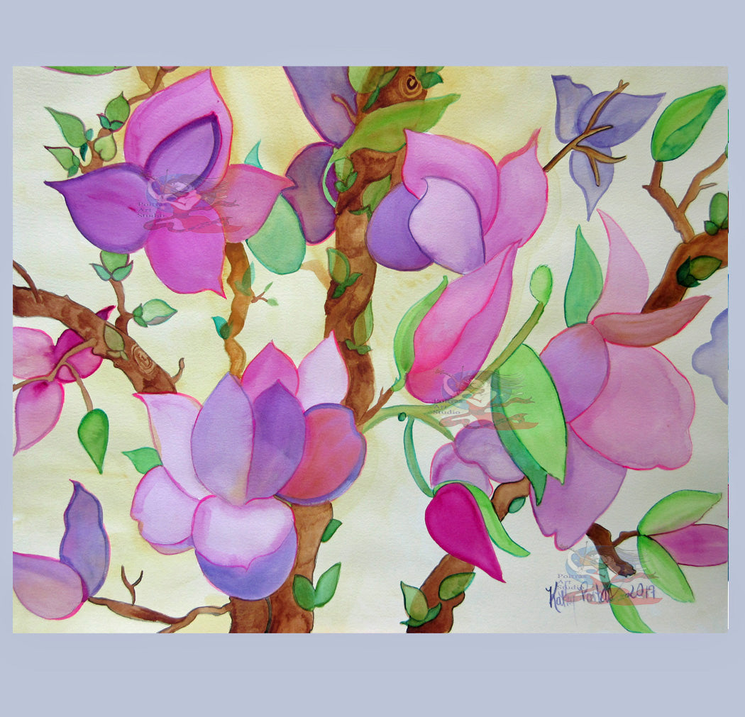 Hand Made Display Art Card Pink Magnolia Tree Blossoms