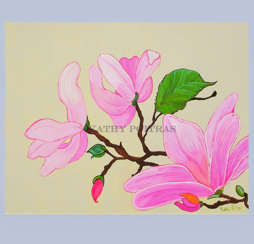 Hand Made XL Display Art Card , signed print  of artist's acrylic painting.  Pink Magnolia Flowers