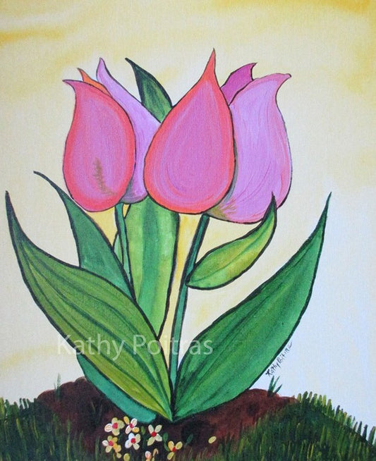 Pink Beauties, folk art painting of two pink tulips. – Original Painting & Bamboo Prints-Art Cards