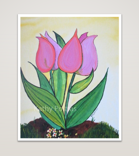 Pink Beauties, folk art painting of two pink tulips. – Original Painting & Bamboo Prints-Art Cards