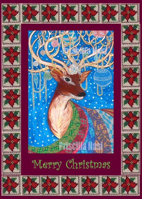 Photographic Print Christmas Card – Whimsical Reindeer by Priscilla Ilasi. Cross Stitch style border by Mom