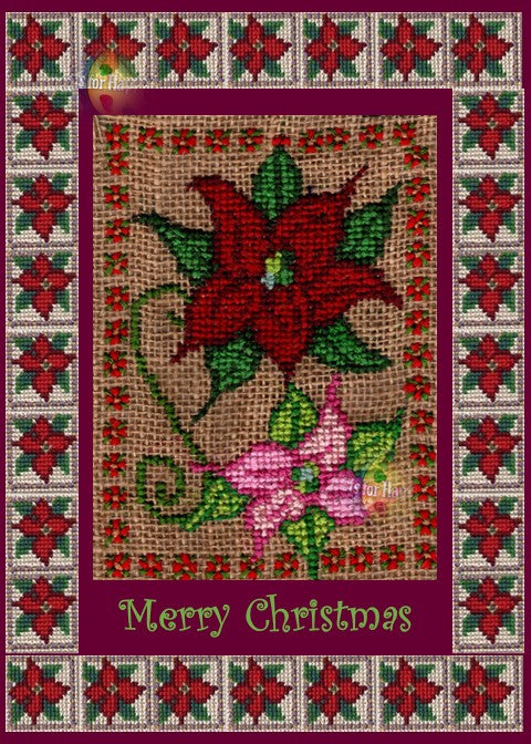 Handmade Christmas card featuring Kathy Poitras’ cross-stitched poinsettias on burlap, framed by a festive poinsettia border with “Merry Christmas” text