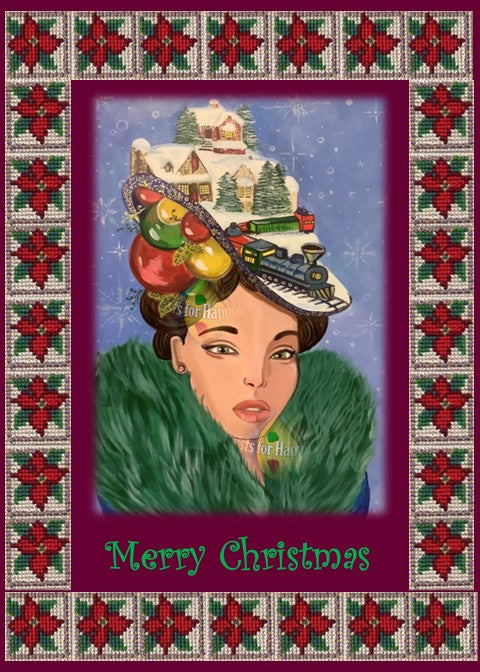 Photographic print of a Christmas card featuring a painted woman wearing a whimsical hat shaped like a snowy Christmas village, with houses, a train, ornaments, and snow-covered trees. She wears a luxurious green fur coat and gazes serenely as snowflakes fall against a deep purple background. The image is framed by a cross-stitch-style border of red and green poinsettia motifs on beige, with “Merry Christmas” written in playful green letters at the bottom.