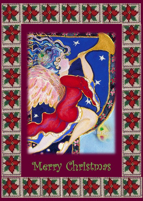 Handmade Christmas card featuring Kathy Poitras’ detail from a larger painting, of an angel in a red gown playing a golden trumpet, framed by a festive cross-stitch poinsettia border.