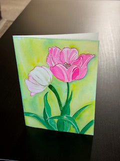 Two pink tulips watercolor and ink. Original Painting & Bamboo Prints-Art Cards