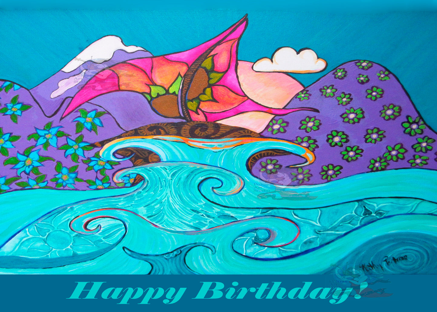 hand-made photographic art card of painting. Stormy Waters  Whimsical Sail boat.