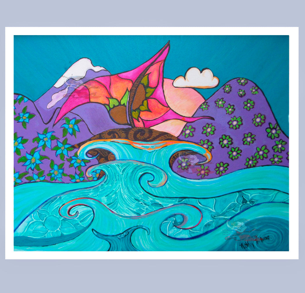 hand-made photographic art card of painting. Stormy Waters  Whimsical Sail boat.