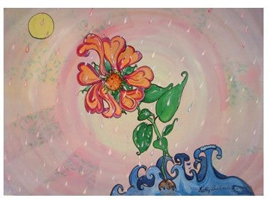 collector’s Edition 8 x 10-inch photographic print of ‘The Struggle of Beauty,’ a 22 x 30-inch watercolor painting by Kathy Poitras. The artwork shows a vibrant flower rising from a stylized wave, surrounded by multicolored raindrops and swirling pastel patterns.