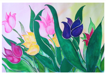 Collector’s Edition 8 x 10 inch  photographic print of ‘Watercolor Tulips,’ a 22 x 30 inch watercolor painting by Kathy Poitras. The artwork shows vibrant tulips in pink, yellow, purple, and red with green leaves against a soft pastel background.