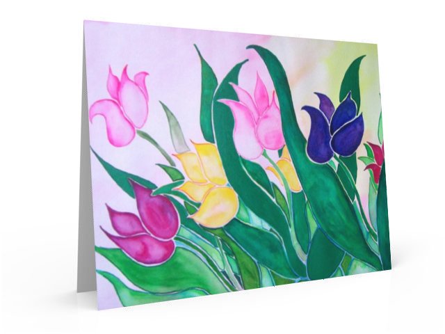 Collector’s Edition 8.5 x 11 inch art card featuring a photographic print of ‘Watercolor Tulips,’ a 22 x 30 inch watercolor painting by Kathy Poitras. The artwork shows vibrant tulips in pink, yellow, purple, and red with green leaves against a soft pastel background.