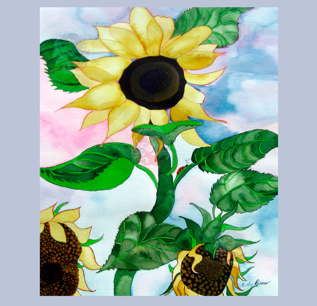 Hand Made XL Display Art Card or signed print  of artist's work, Sunflower and Ladybug