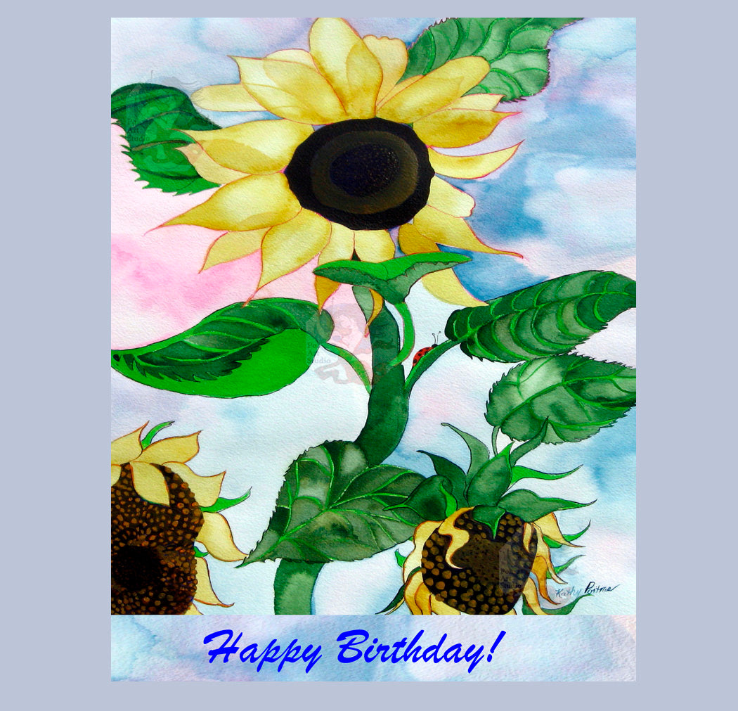handmade photographic Birthday  Card of watercolor painting of sunflowers by Canadian Artist Kathy Poitras