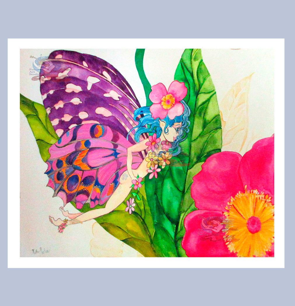 Hand Made Display Art Card or signed print  of artist's work, Teeny Fairy and Wild Rose