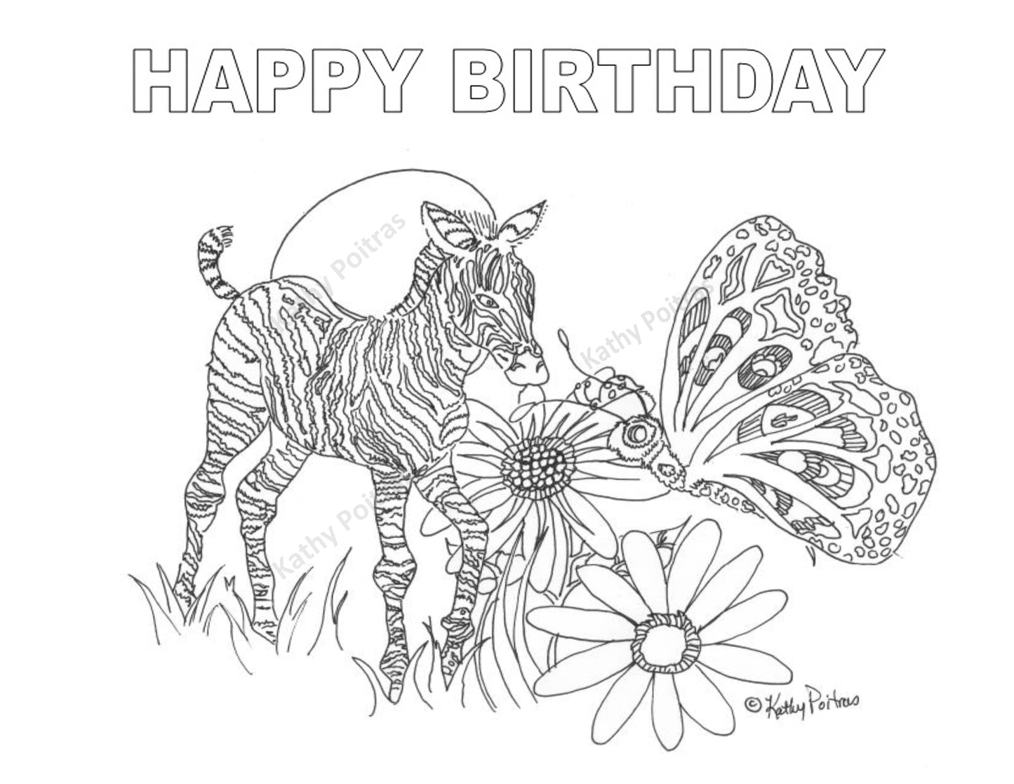 Color Me , Zebra, Butterfly and Ladybug XL 8.5 x 11 inch Birthday or Greeting Card