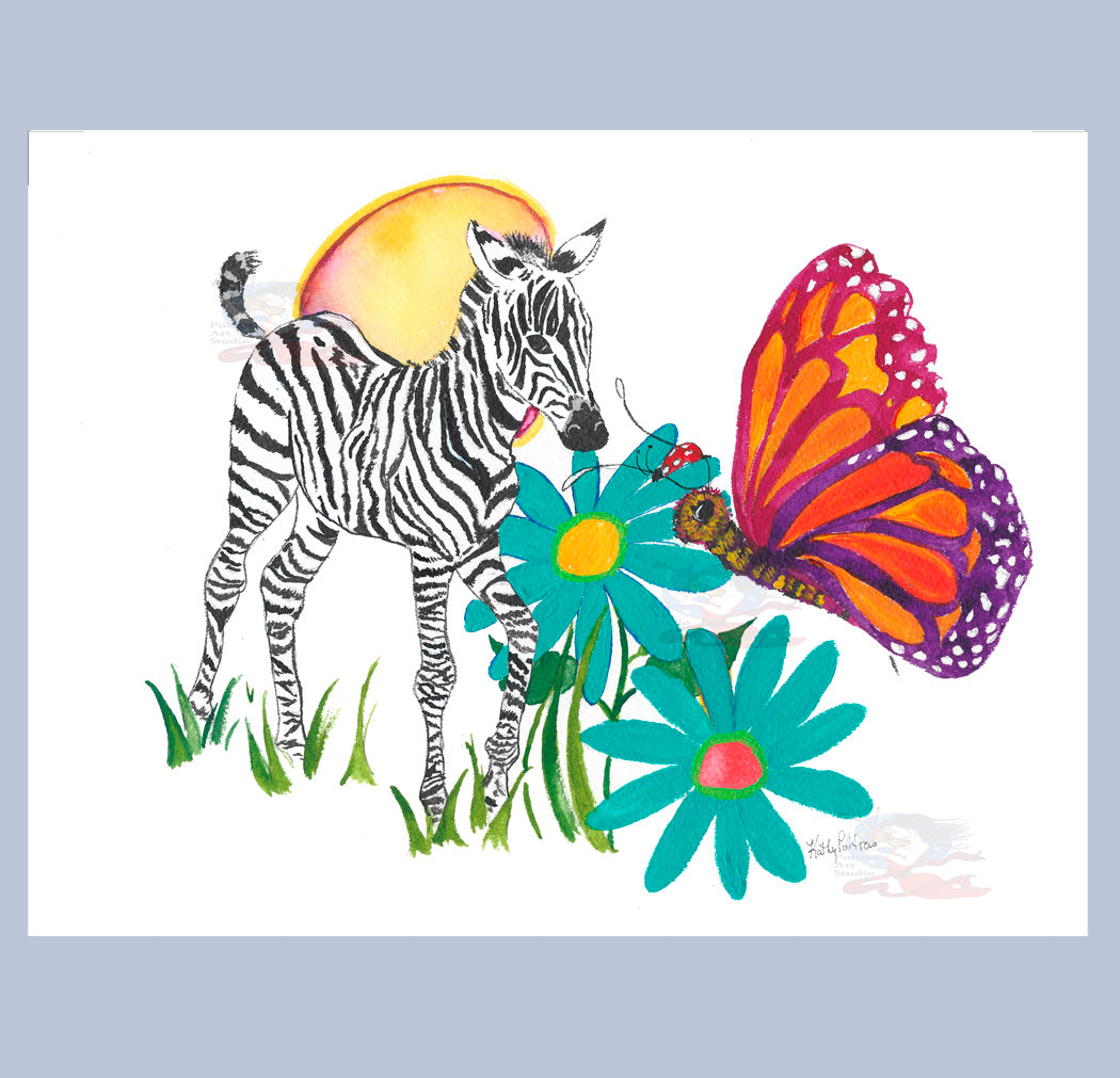 Hand Made XL Display Art Card or signed print  of artist's work, Zebra, Butterfly and Ladybug