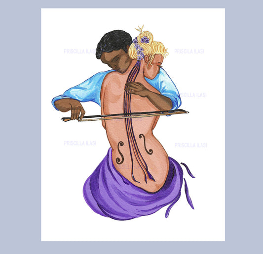 Hand Made print in a card form. Image size 8.5 x 11 inches. Romantic Whimsical Art "The Player"