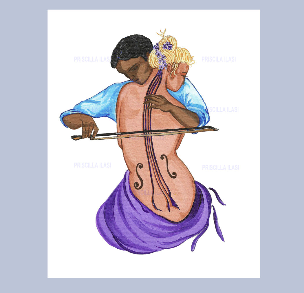 Hand Made print in a card form. Image size 8.5 x 11 inches. Romantic Whimsical Art "The Player"