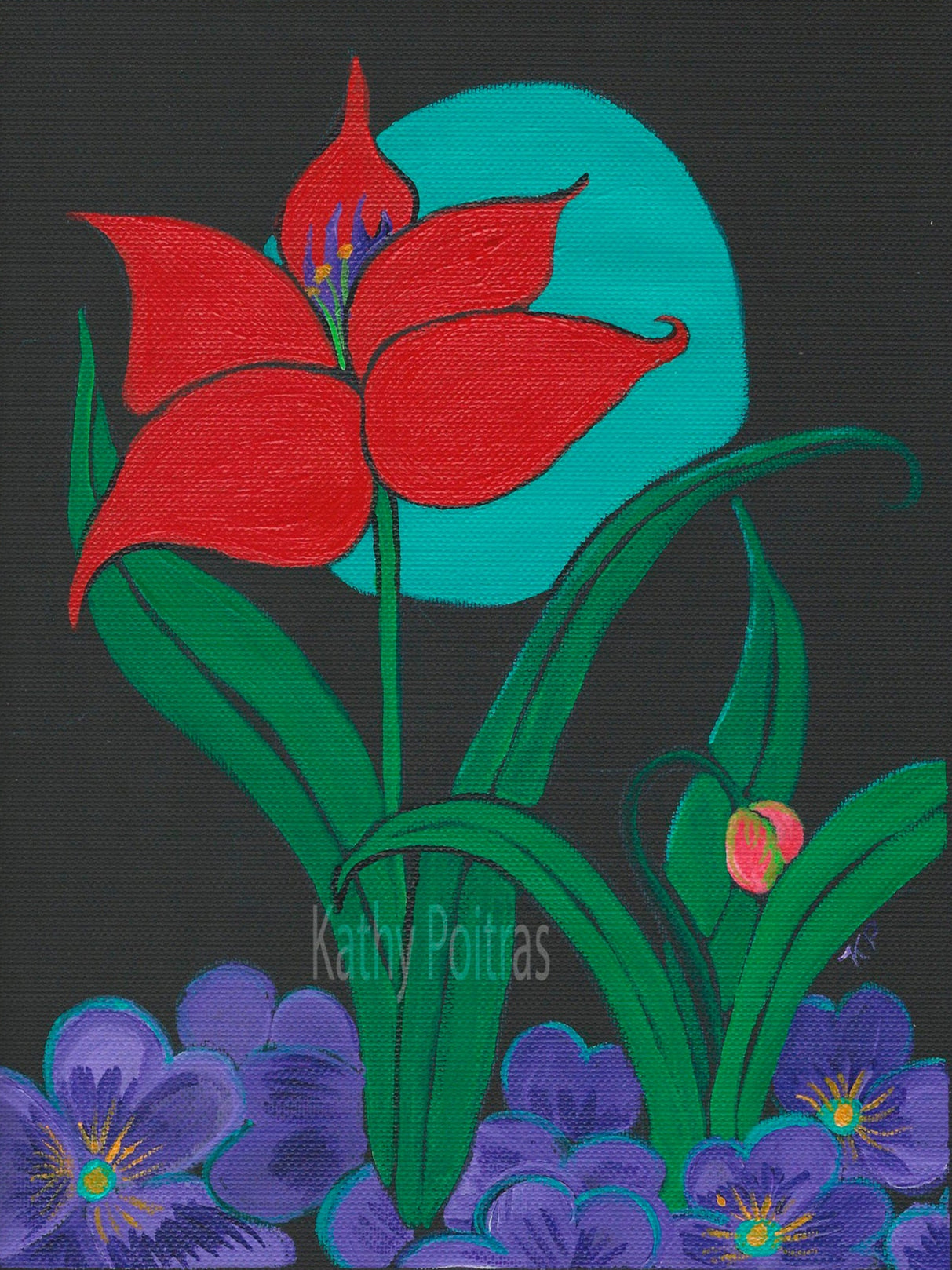 Acrylic Red Tulip Painting on black canvas paper – Original Painting & Bamboo Prints-Art Cards