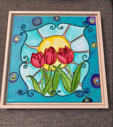 Inspired by Tulips .   12 x 12 inch acrylic painting with bead embroidery.