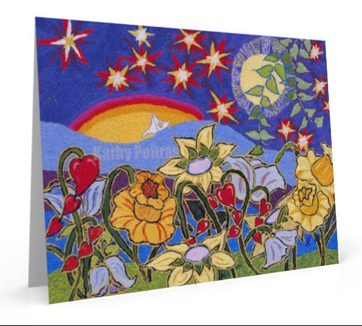 Collector’s Edition 8.5 x 11-inch art card featuring a photographic print of ‘Twilight Flowers,’ a 14 x 11-inch hand-embroidered artwork by Kathy Poitras. The design includes stylized flowers, a flying bird, and a surreal landscape with celestial elements.