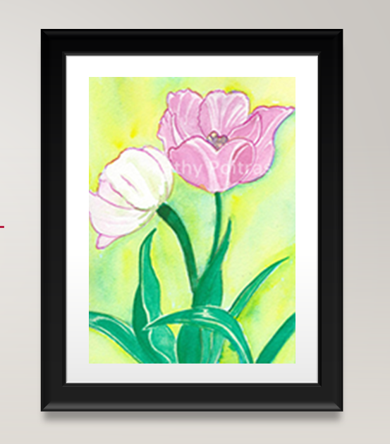 Two pink tulips watercolor and ink. Original Painting & Bamboo Prints-Art Cards