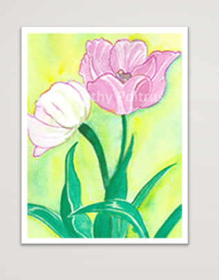 Two pink tulips watercolor and ink. Original Painting & Bamboo Prints-Art Cards