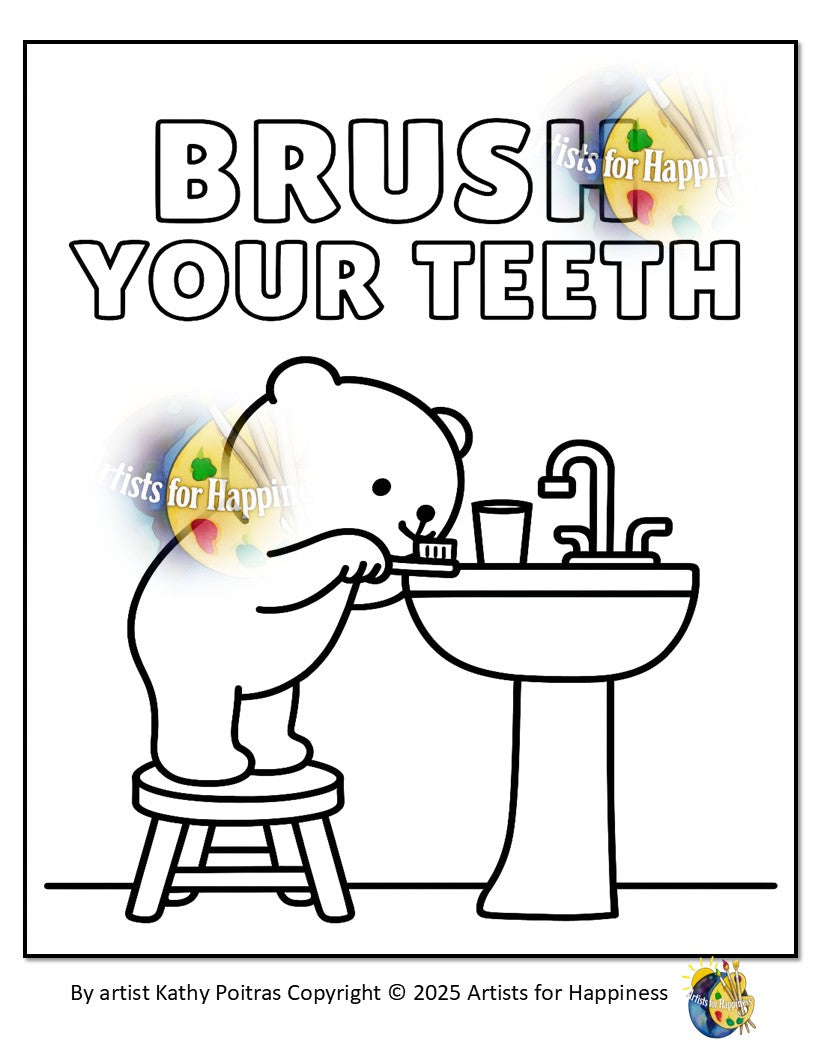🧸Little Bear Brushes Teeth – Fun Printable Coloring Page for Healthy Habits | Instant Download