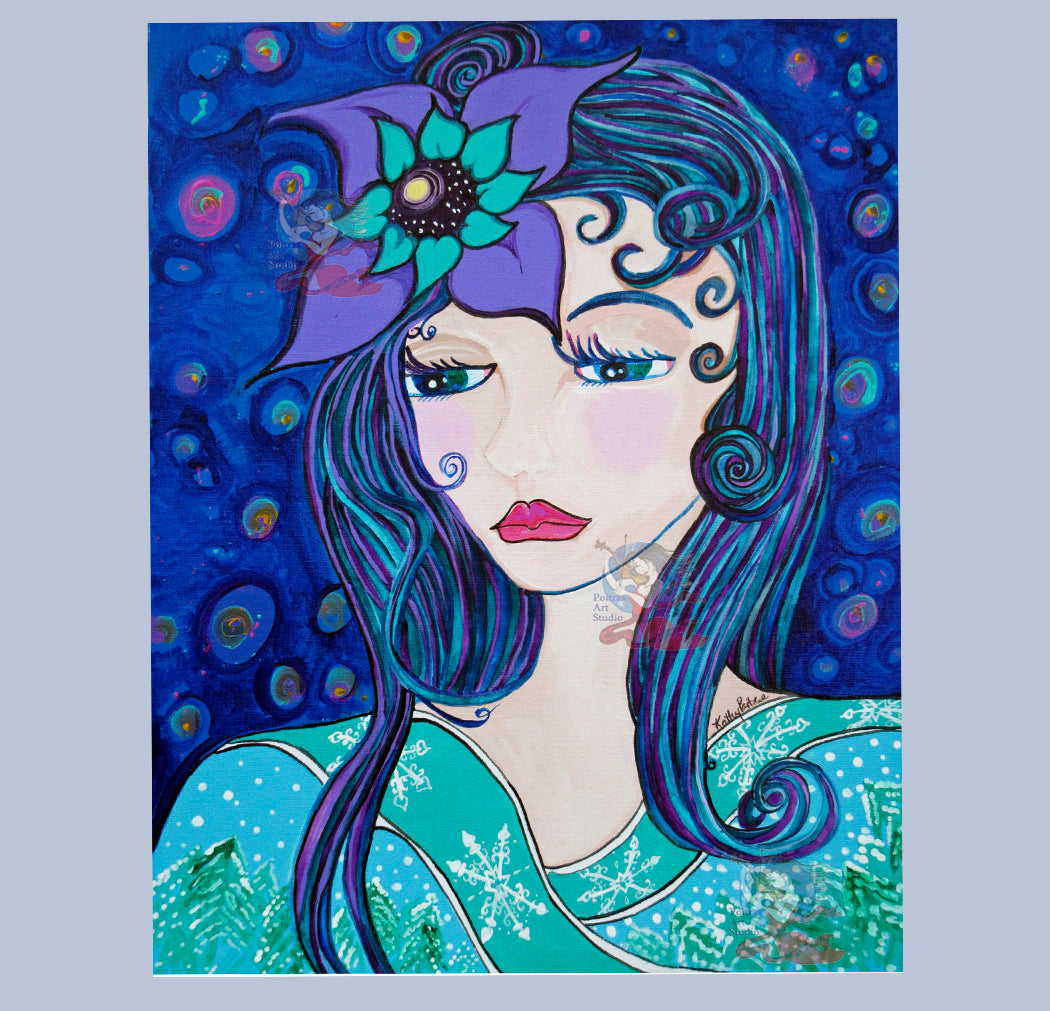 Hand Made Display Art Card or print  of  acrylic painting "Winter Goddess"
