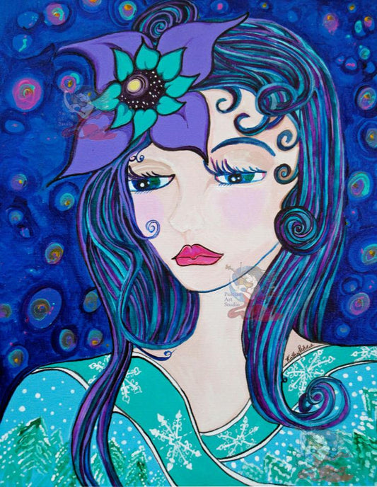 Hand Made Display Art Card or print  of  acrylic painting "Winter Goddess"