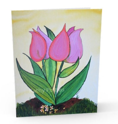 Pink Beauties, folk art painting of two pink tulips. – Original Painting & Bamboo Prints-Art Cards
