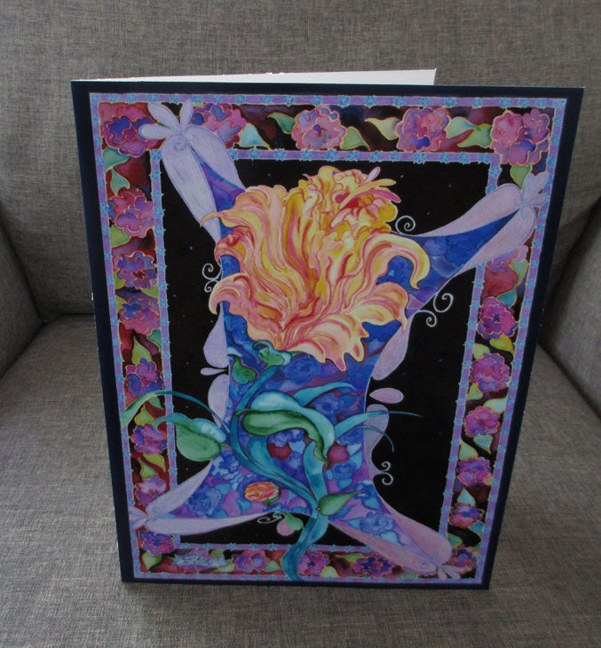 Hand Made XL Display Art Card Abstract Flower Flying Through the Cosmos