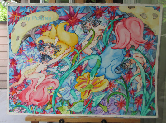 Cavorting Fairies . Watercolor Painting 22 x 30 inches on rag paper
