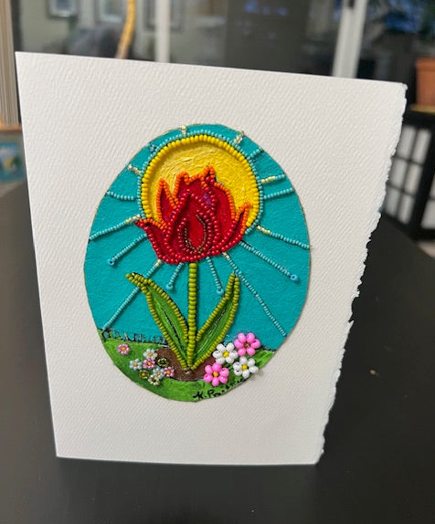 🌷 Hand‑Beaded Tulip Art Card — Red Tulip and Sunshine