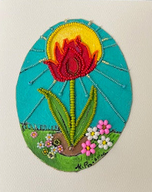 Acrylic and bead‑embroidered tulip and tiny daisies art card by Canadian artist Kathy Poitras, mounted on a deckle‑edge folded card.
