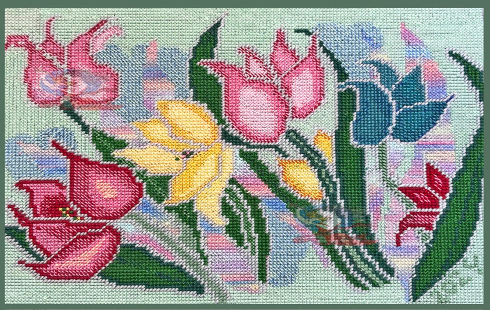 Photographic Print of  cross stitch  Tulips by artist Kathy Poitras. With cross stitch Happy Mother's Day Message