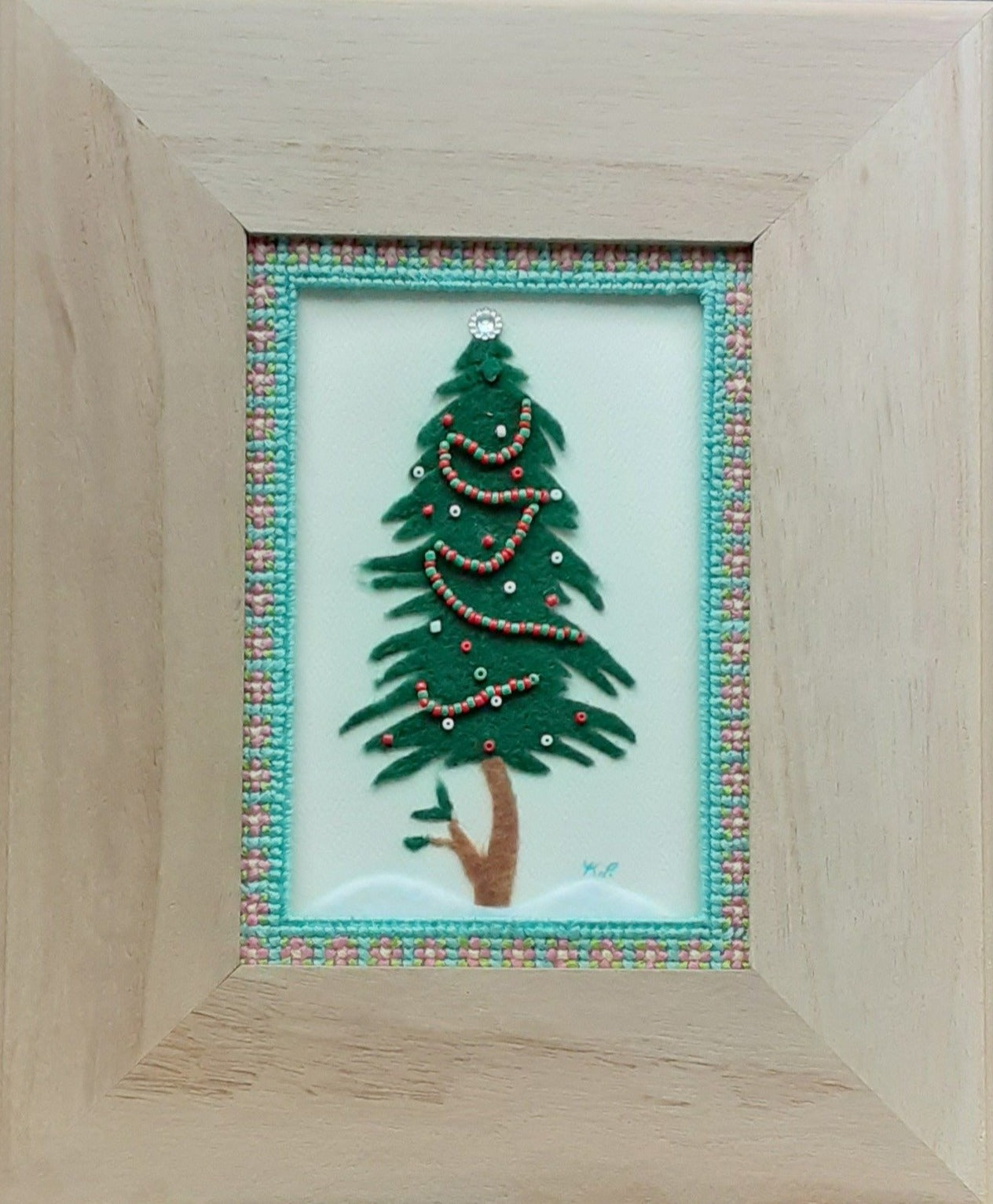 Felt Christmas Tree with beaded garland. Cross stitch mat  and wooden frame