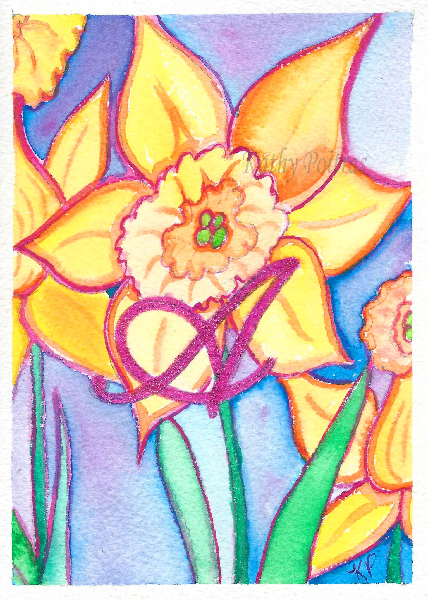 Greeting Card, Birthday Card, Mothers Day Card, Daffodils are the flower of the month for March. This flower of the month card is personalized with a fancy letter A .   by artist Kathy Poitras 