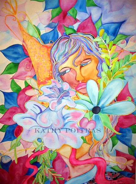 whimsical floral and figurative painting dark skinned lady holding flowers by artist Kathy Poitras