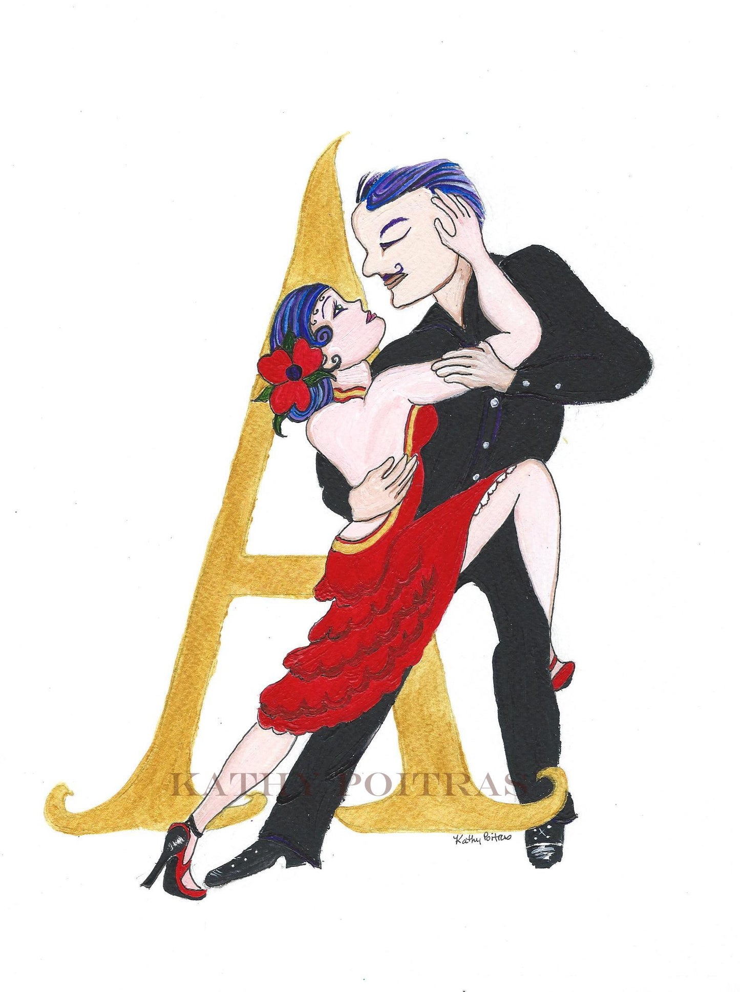 Illustrated letter A, for Argentine Tango. on 8.5 x 11 inch watercolor paper. watercolor, ink and gold metallic paint, by artist Kathy Poitras