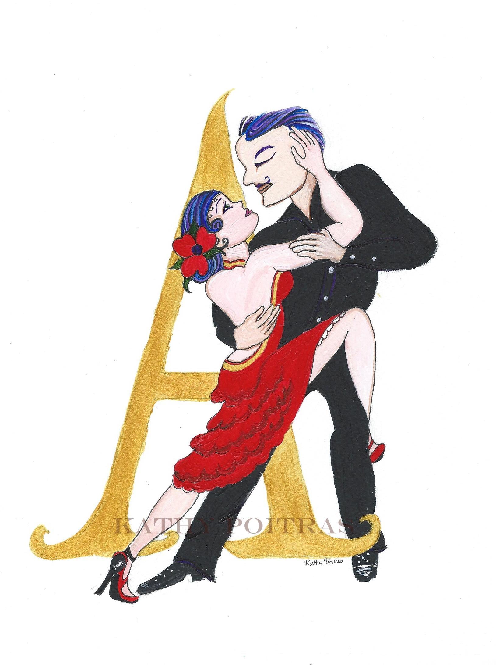 Illustrated letter A, for Argentine Tango. on 8.5 x 11 inch watercolor paper. watercolor, ink and gold metallic paint, by artist Kathy Poitras