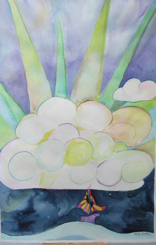 A Boat in the Clouds.  Watercolor and ink